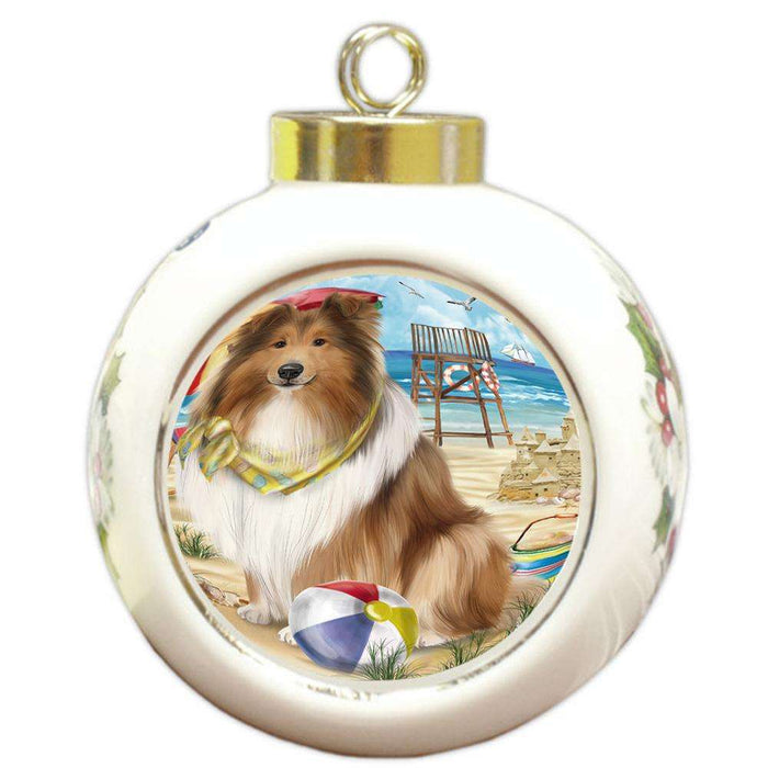 Pet Friendly Beach Rough Collie Dog Round Ball Christmas Ornament RBPOR54180