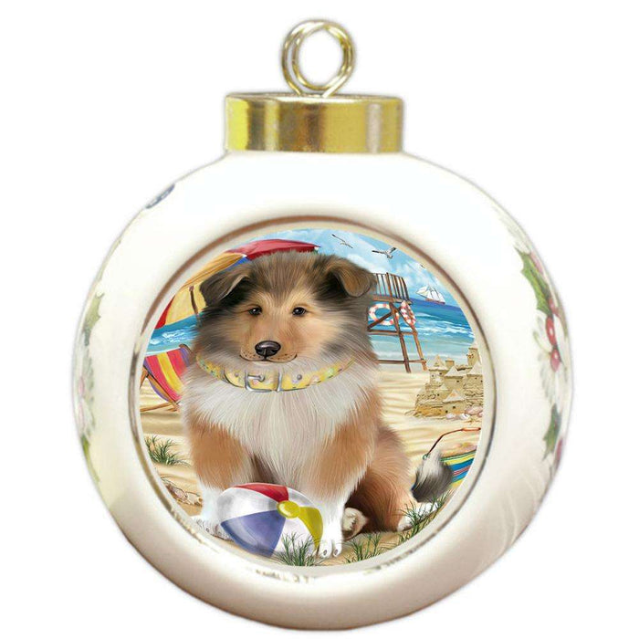 Pet Friendly Beach Rough Collie Dog Round Ball Christmas Ornament RBPOR54181