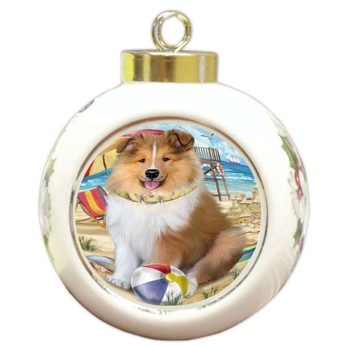 Pet Friendly Beach Rough Collie Dog Round Ball Christmas Ornament RBPOR54183