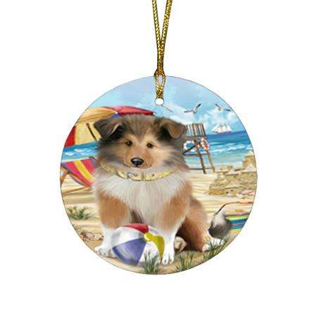 Pet Friendly Beach Rough Collie Dog Round Flat Christmas Ornament RFPOR54172