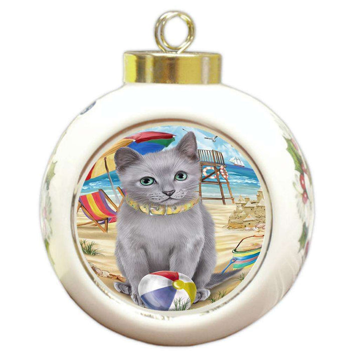 Pet Friendly Beach Russian Blue Cat Round Ball Christmas Ornament RBPOR51592