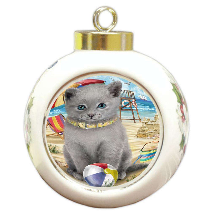 Pet Friendly Beach Russian Blue Cat Round Ball Christmas Ornament RBPOR51593
