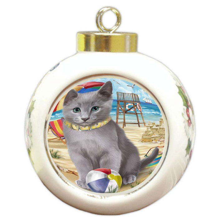 Pet Friendly Beach Russian Blue Cat Round Ball Christmas Ornament RBPOR51594
