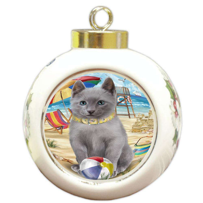 Pet Friendly Beach Russian Blue Cat Round Ball Christmas Ornament RBPOR51595