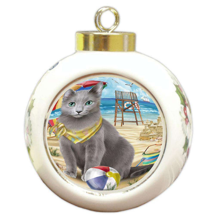 Pet Friendly Beach Russian Blue Cat Round Ball Christmas Ornament RBPOR51596