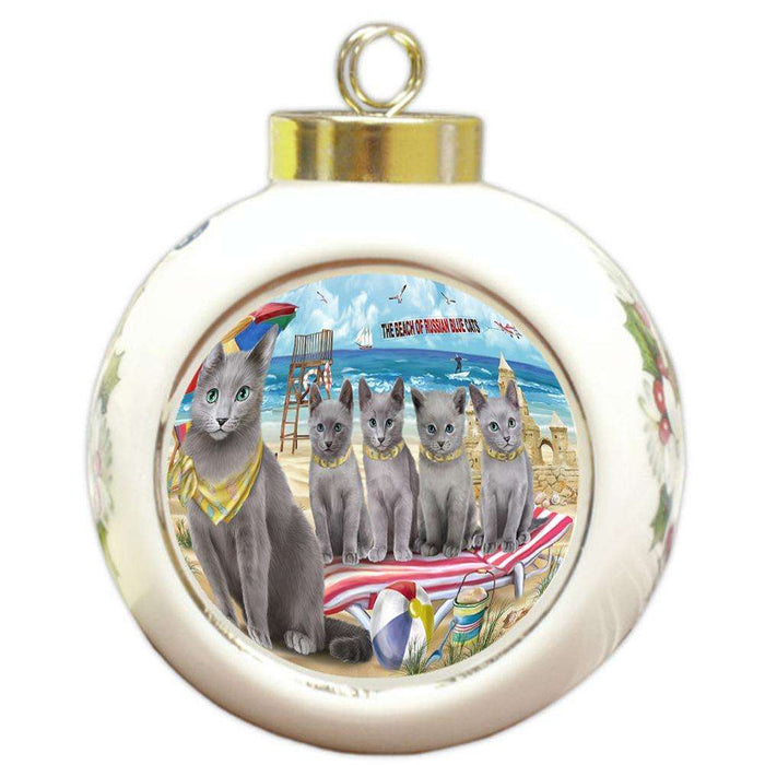 Pet Friendly Beach Russian Blue Cat Round Ball Christmas Ornament RBPOR51597