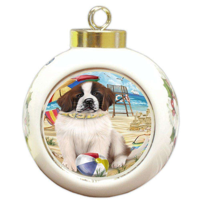 Pet Friendly Beach Saint Bernard Dog Round Ball Christmas Ornament RBPOR48678