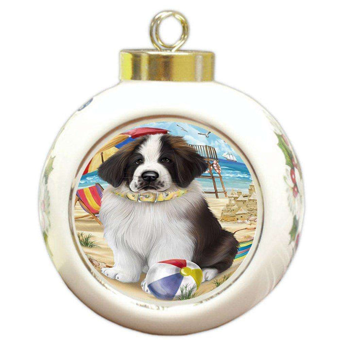 Pet Friendly Beach Saint Bernard Dog Round Ball Christmas Ornament RBPOR48680