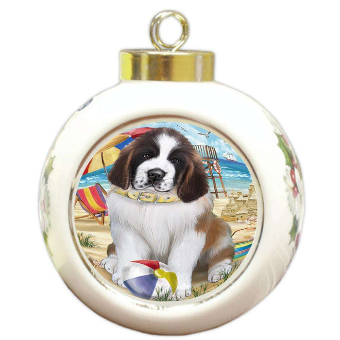 Pet Friendly Beach Saint Bernard Dog Round Ball Christmas Ornament RBPOR48681
