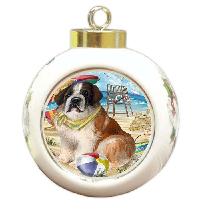 Pet Friendly Beach Saint Bernard Dog Round Ball Christmas Ornament RBPOR48682