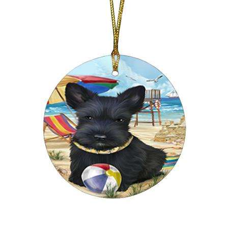 Pet Friendly Beach Scottish Terrier Dog Round Flat Christmas Ornament RFPOR50075