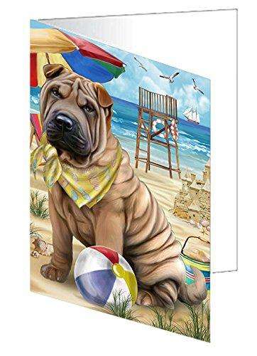 Pet Friendly Beach Shar Pei Dog Handmade Artwork Assorted Pets Greeting Cards and Note Cards with Envelopes for All Occasions and Holiday Seasons GCD50111