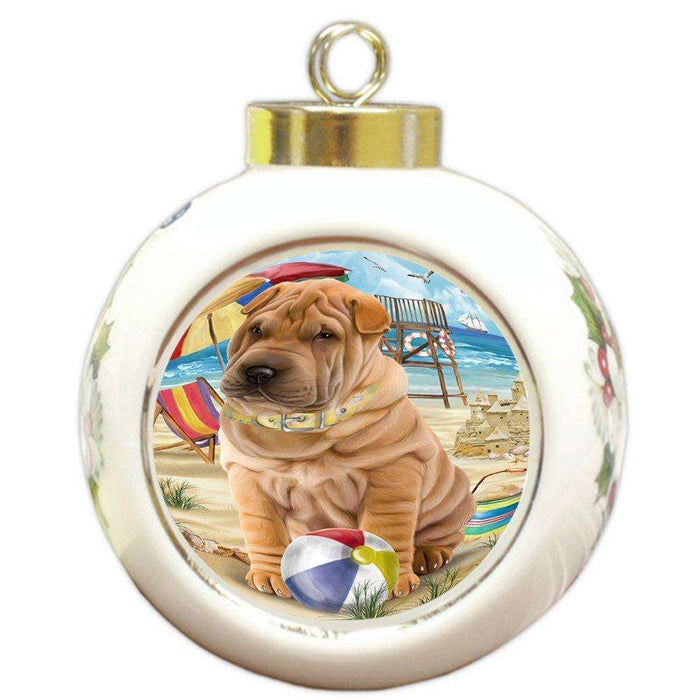 Pet Friendly Beach Shar Pei Dog Round Ball Christmas Ornament RBPOR48690
