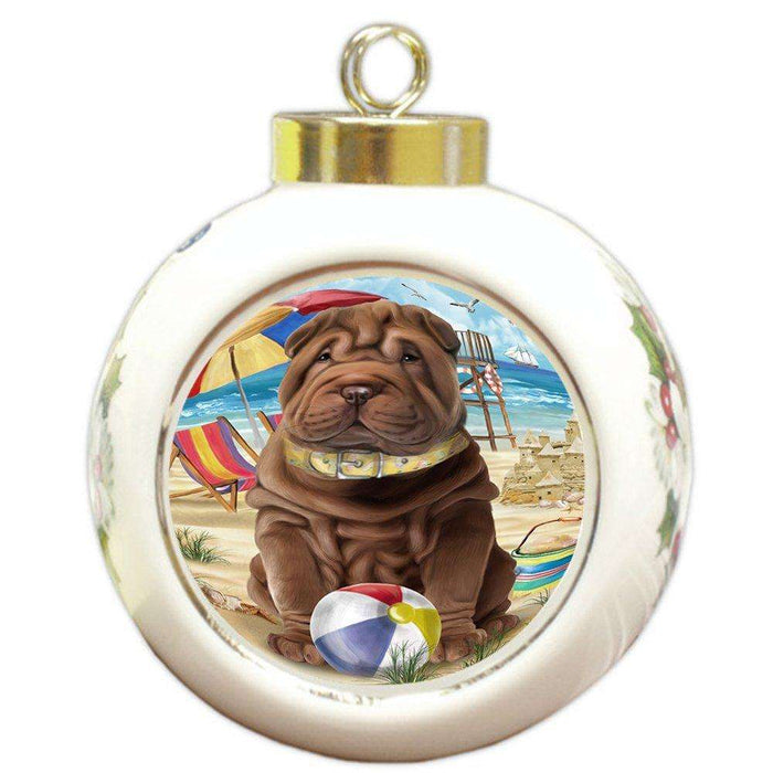 Pet Friendly Beach Shar Pei Dog Round Ball Christmas Ornament RBPOR48691