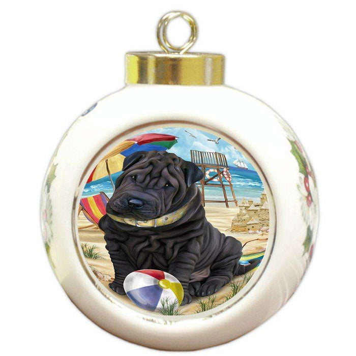 Pet Friendly Beach Shar Pei Dog Round Ball Christmas Ornament RBPOR48692