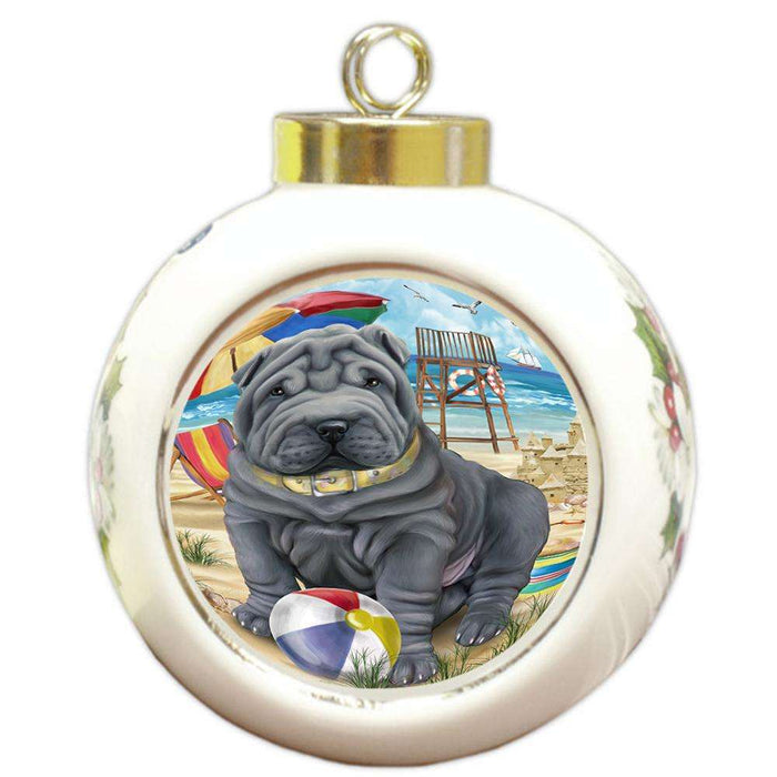 Pet Friendly Beach Shar Pei Dog Round Ball Christmas Ornament RBPOR48693