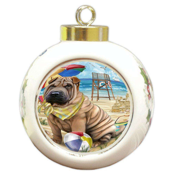 Pet Friendly Beach Shar Pei Dog Round Ball Christmas Ornament RBPOR48694