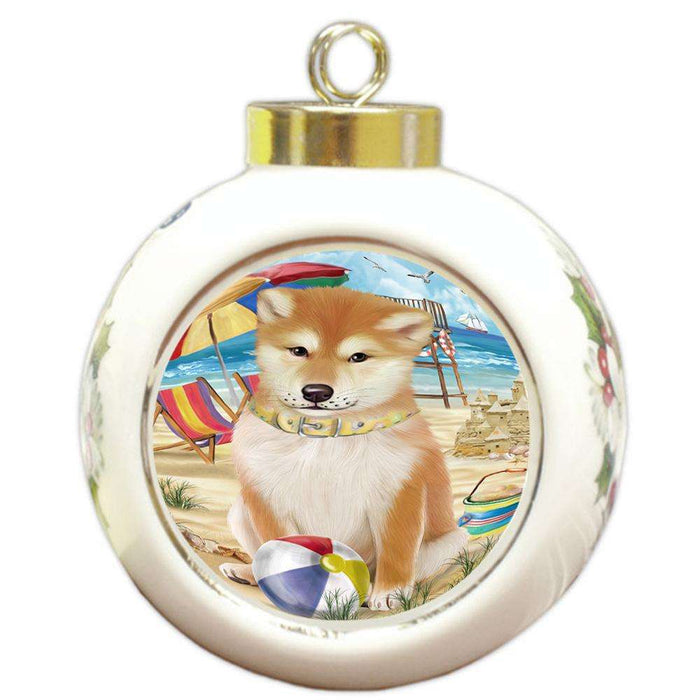 Pet Friendly Beach Shiba Inu Dog Round Ball Christmas Ornament RBPOR50089