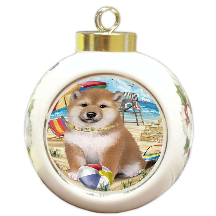 Pet Friendly Beach Shiba Inu Dog Round Ball Christmas Ornament RBPOR50090