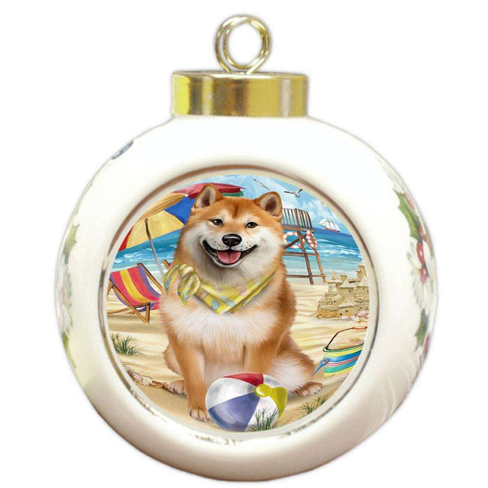 Pet Friendly Beach Shiba Inu Dog Round Ball Christmas Ornament RBPOR50093
