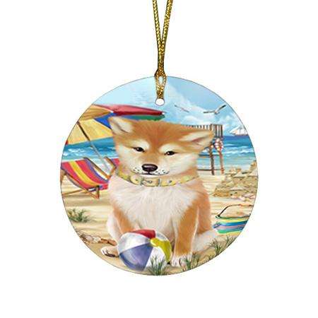 Pet Friendly Beach Shiba Inu Dog Round Flat Christmas Ornament RFPOR50080