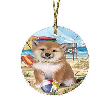 Pet Friendly Beach Shiba Inu Dog Round Flat Christmas Ornament RFPOR50081