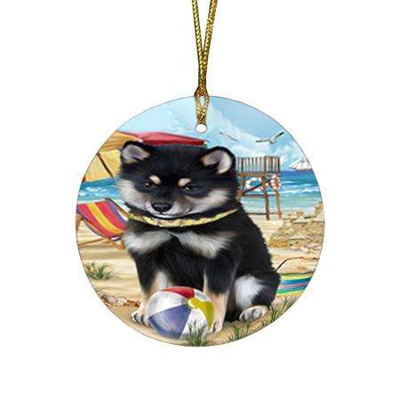 Pet Friendly Beach Shiba Inu Dog Round Flat Christmas Ornament RFPOR50082