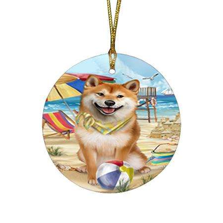 Pet Friendly Beach Shiba Inu Dog Round Flat Christmas Ornament RFPOR50084