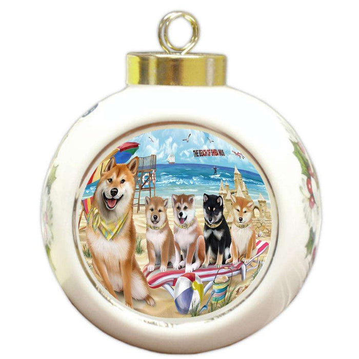 Pet Friendly Beach Shiba Inus Dog Round Ball Christmas Ornament RBPOR50088