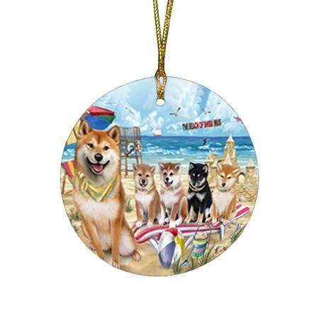 Pet Friendly Beach Shiba Inus Dog Round Flat Christmas Ornament RFPOR50079