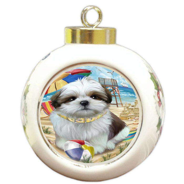 Pet Friendly Beach Shih Tzu Dog Round Ball Christmas Ornament RBPOR50095