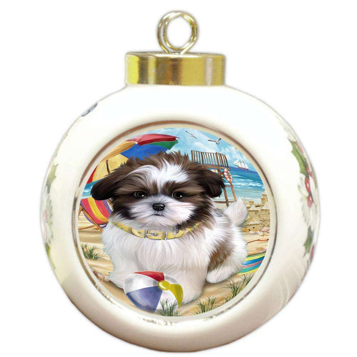 Pet Friendly Beach Shih Tzu Dog Round Ball Christmas Ornament RBPOR50096
