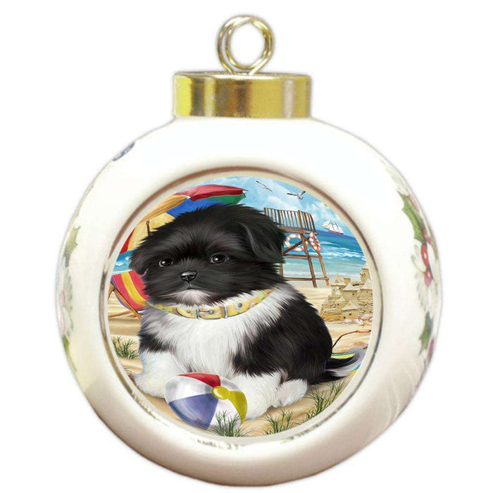 Pet Friendly Beach Shih Tzu Dog Round Ball Christmas Ornament RBPOR50097