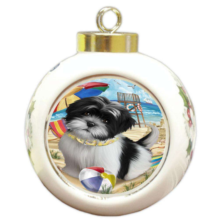Pet Friendly Beach Shih Tzu Dog Round Ball Christmas Ornament RBPOR50098
