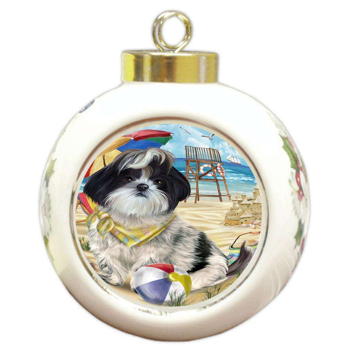 Pet Friendly Beach Shih Tzu Dog Round Ball Christmas Ornament RBPOR50099