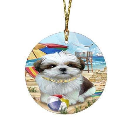 Pet Friendly Beach Shih Tzu Dog Round Flat Christmas Ornament RFPOR50086