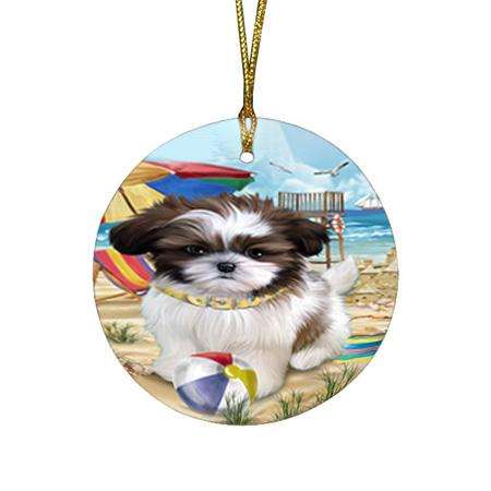 Pet Friendly Beach Shih Tzu Dog Round Flat Christmas Ornament RFPOR50087