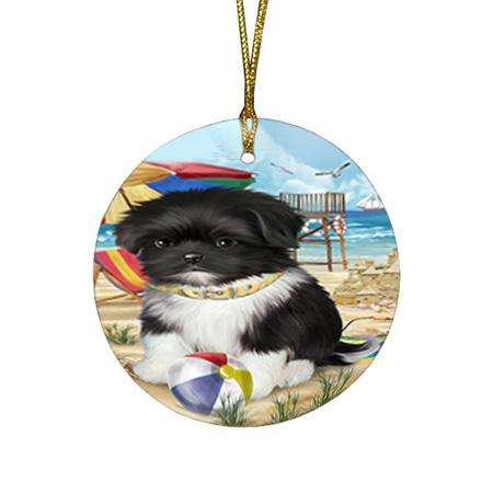 Pet Friendly Beach Shih Tzu Dog Round Flat Christmas Ornament RFPOR50088