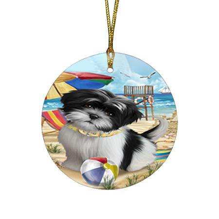 Pet Friendly Beach Shih Tzu Dog Round Flat Christmas Ornament RFPOR50089