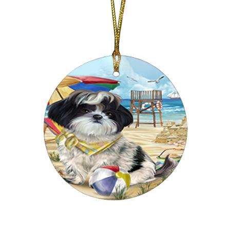 Pet Friendly Beach Shih Tzu Dog Round Flat Christmas Ornament RFPOR50090