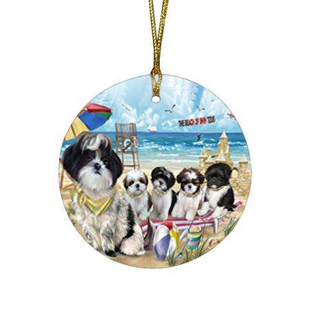 Pet Friendly Beach Shih Tzus Dog Round Flat Christmas Ornament RFPOR50085