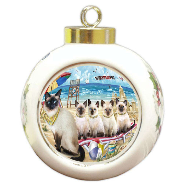 Pet Friendly Beach Siamese Cat Round Ball Christmas Ornament RBPOR51598