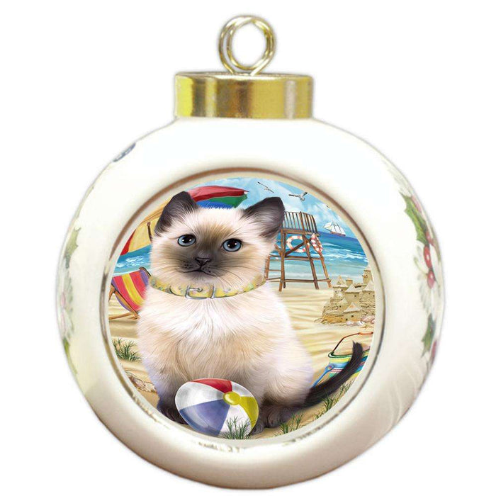 Pet Friendly Beach Siamese Cat Round Ball Christmas Ornament RBPOR51599