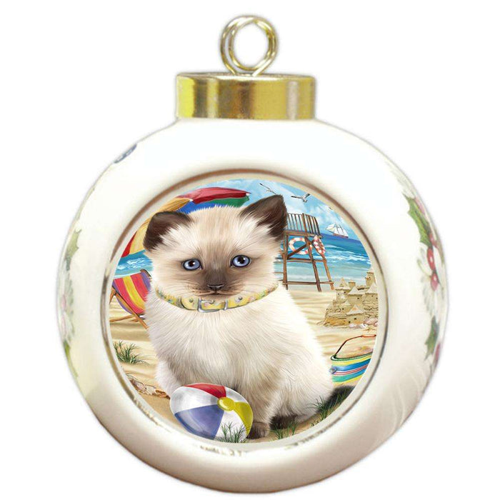 Pet Friendly Beach Siamese Cat Round Ball Christmas Ornament RBPOR51600