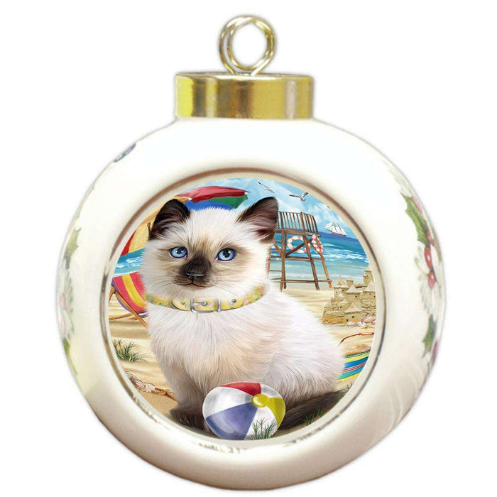 Pet Friendly Beach Siamese Cat Round Ball Christmas Ornament RBPOR51602