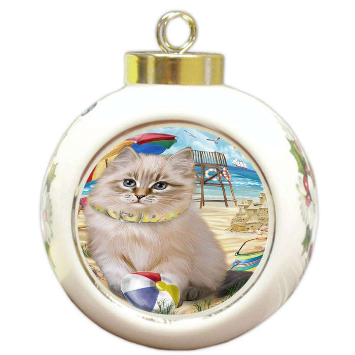 Pet Friendly Beach Siberian Cat Round Ball Christmas Ornament RBPOR54187