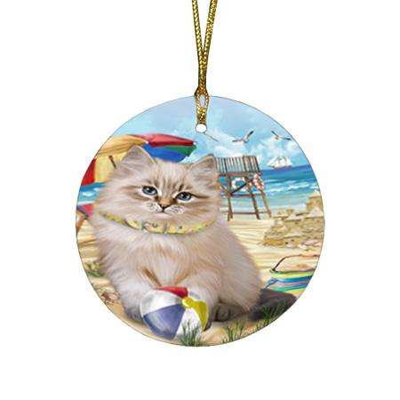 Pet Friendly Beach Siberian Cat Round Flat Christmas Ornament RFPOR54178