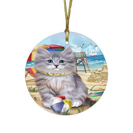 Pet Friendly Beach Siberian Cat Round Flat Christmas Ornament RFPOR54179