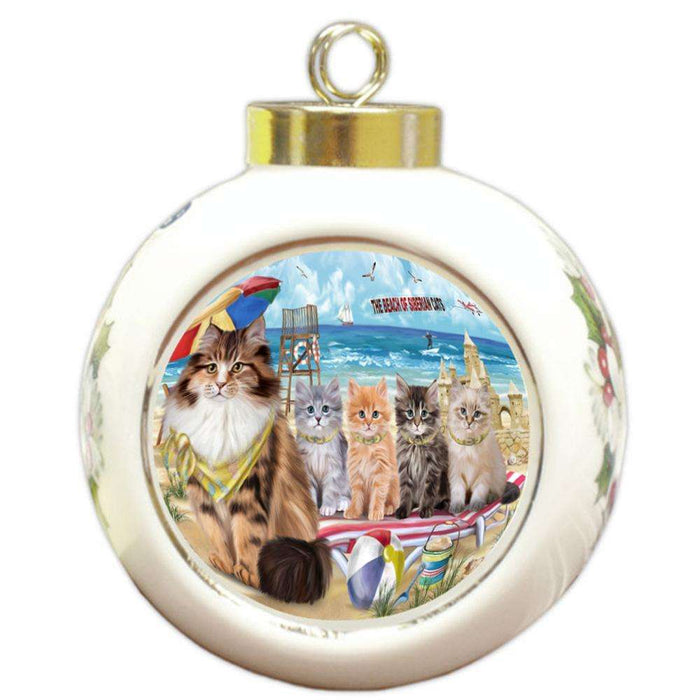 Pet Friendly Beach Siberian Cats Round Ball Christmas Ornament RBPOR54185