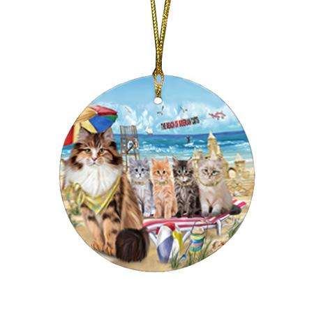Pet Friendly Beach Siberian Cats Round Flat Christmas Ornament RFPOR54176